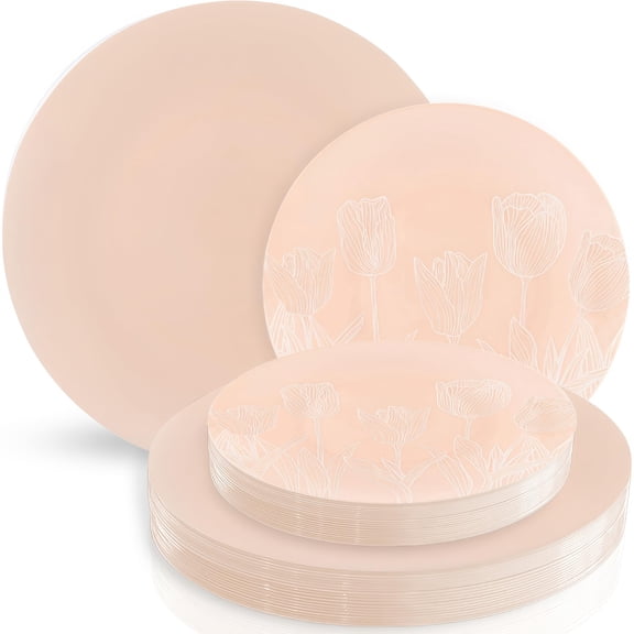 Tulip Organic Pink/White Combo Plates - AFN132 Count, 7.5" & 10" Combo Pack, Round Disposable Plastic Plate Set | Stylish White & Pink Design for Elegant Occasions