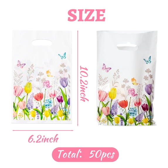 2ooya Floral Theme Party Favor Bag with Die Cut Handle, Waterproof Gift Bag for Birthday Wedding,50Counts