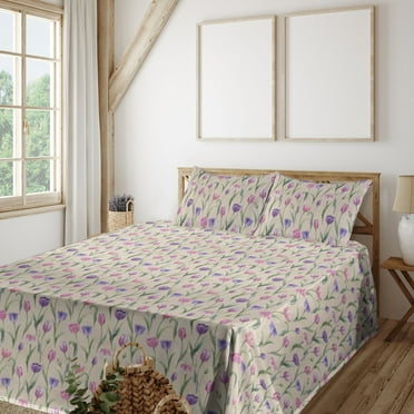 Tulip Pattern Sheet Set, Retro Vibes Blooming Flowers Boho Garden Scene Composition Art, Fitted & Flat Sheet with Pillowcase Bedding Accent 4 Pcs Set, King, Peacock Green Blue Violet, by Ambesonne
