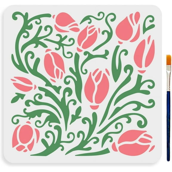 Tulip Pattern Stencil 11.811.8inch Art Tulip Flower Drawing Template with Paint Brush Reusable Flowers Stencil for Home Wall Wood Tile Canvas Porch Decor