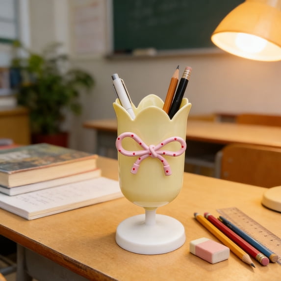 Tulip Pencil Holder Pen Cup for Desk with Bow Design, Cute Macaron Color Plastic Makeup Brush Holder and Desktop Organizer for Students and Office