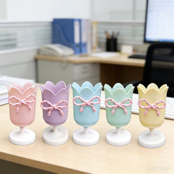 Tulip Pencil Holder Pen Cup for Desk with Bow Design, Cute Macaron Color Plastic Makeup Brush Holder and Desktop Organizer for Students and Office