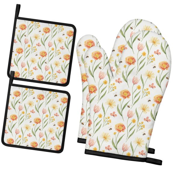Tulip Poppy Bee Oven Mitts Set, Set Of 4 with 2 Oven Mitts & 2 Pot Holders, Stain Resistant and Easy To Clean, with Hanging Loops for Cooking Baking and Grilling
