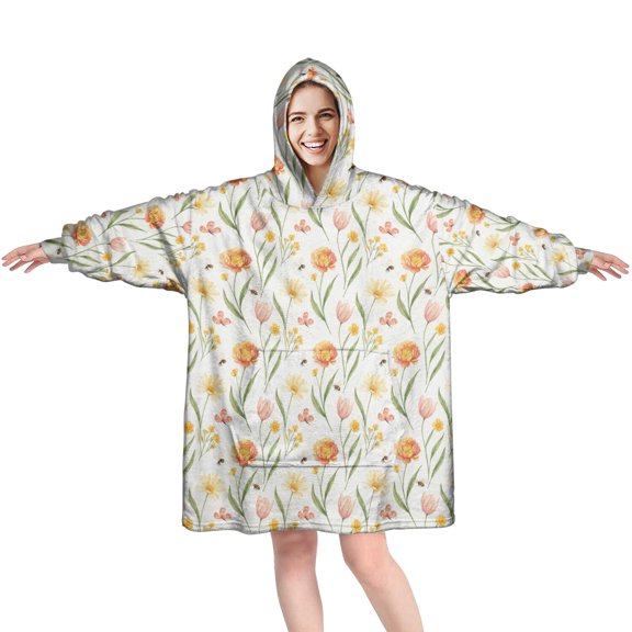 Tulip Poppy Bee Wearable Blanket Hoodie, Flannel Oversized Wearable Hooded Blanket with Sleeves & with Sleeves & Pockets, Soft Cozy Gifts Ideas for Christmas Birthday