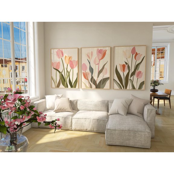 Tulip Print Wild Flower Wall Art Modern Abstract Floral Flower Market Bedroom Decor Set 3 Stretched Canvas 8x12
