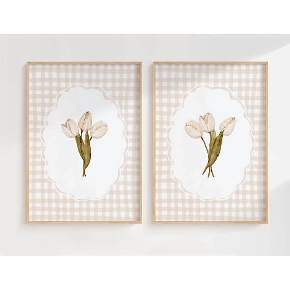 Tulip Prints Cottagecore Wall Art Grandmillennial Beige Gingham Decor Set 2 Stretched Canvas 16x24