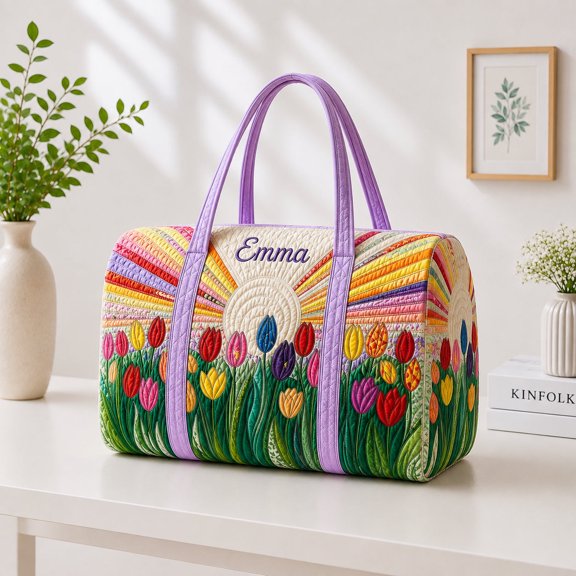 Tulip Quilted Duffle Bag, Colorful Floral Travel Bag, Weekender Bag, Spring Flower Gift