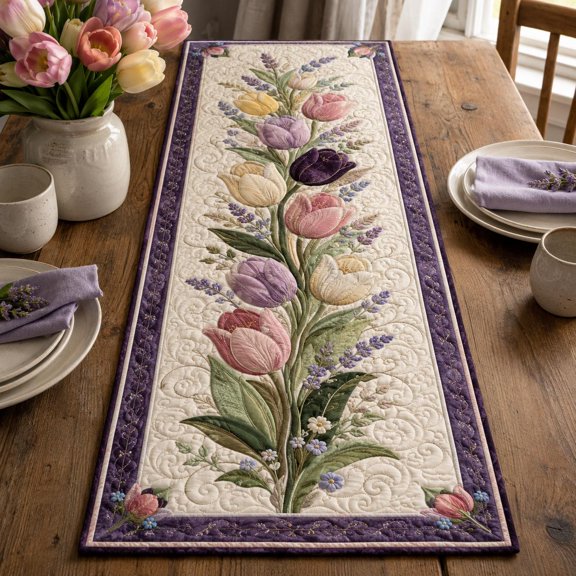 Tulip Quilted Table Runner, Spring Floral Patchwork Lavender Topper