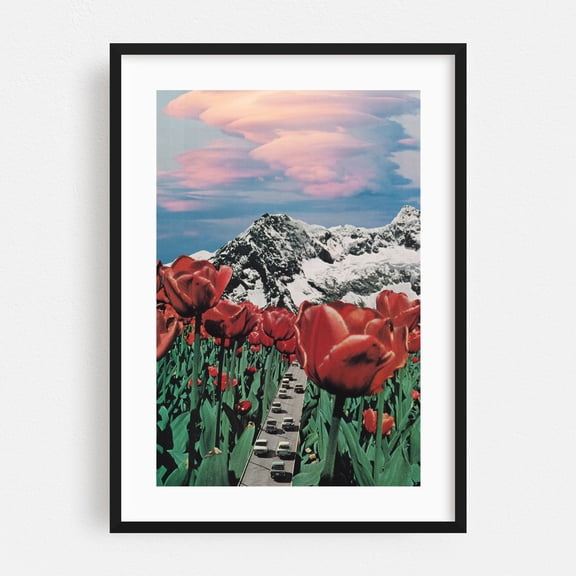 Tulip Road - Washington District of Columbia Collage Surrealism Mountain Floral Vintage Psychedelic Landscape Car Black Framed Wall Art Print 5 x 7 inches