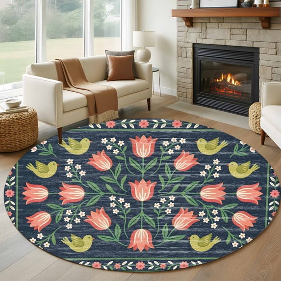 Pink Round Bug Tulip Round Area Rug 6ft Rustic Vintage Pink Yellow Floral Leaf Linear ...
