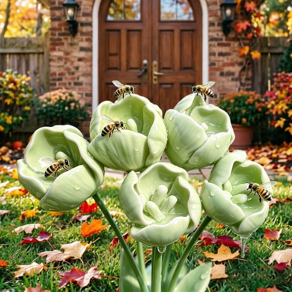Tulip Shape Bird Bath Decorative Outdoor Garden Pollinator Water Station, Floral Bird Drinking Basin for Backyard Patio Balcony