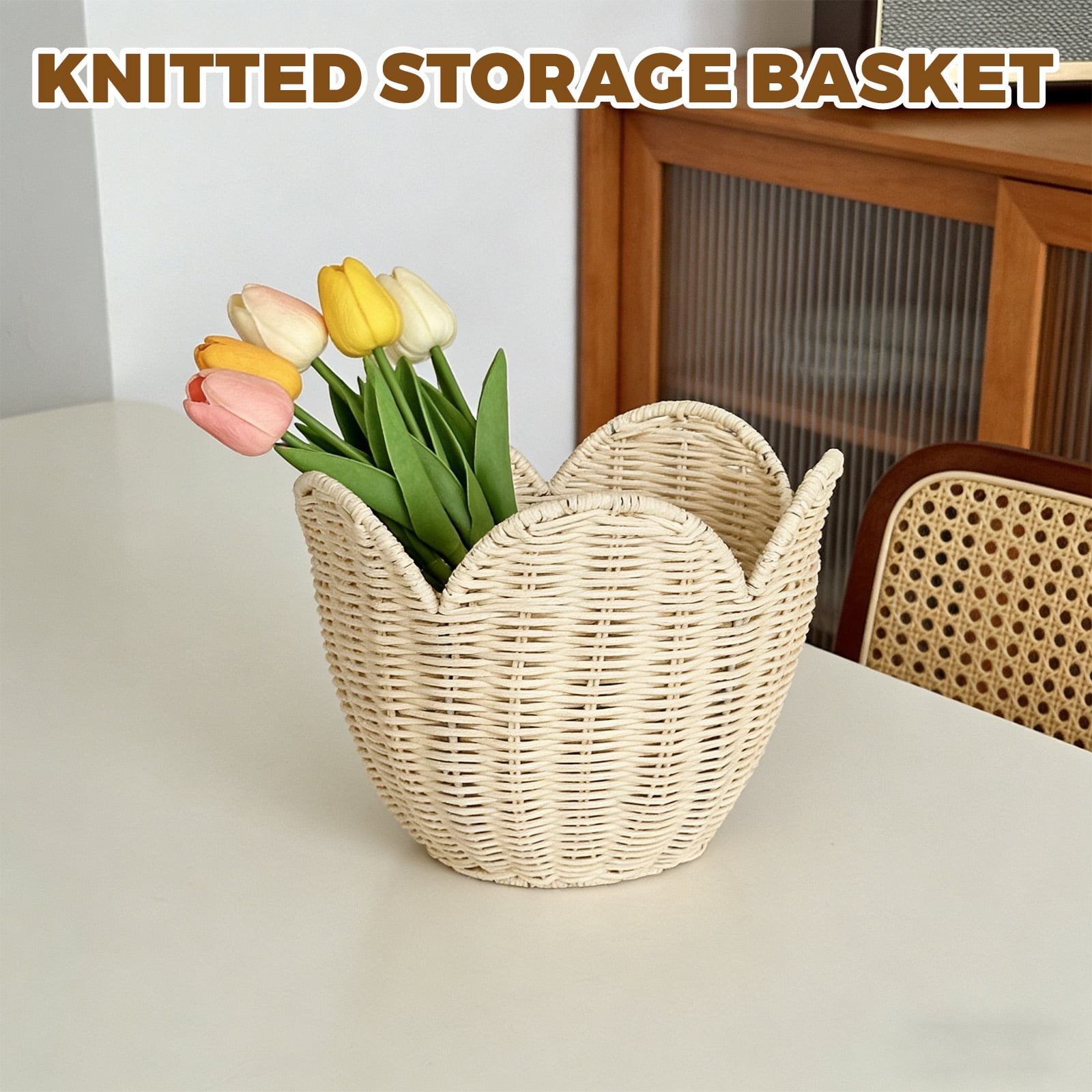 Tulip-Shaped Basket, Spring Easter Basket, 2 Size Rattan Beige Storage Basket For Home and Guesthouse Decoration, Toy And Sundry Storage Basket (S)