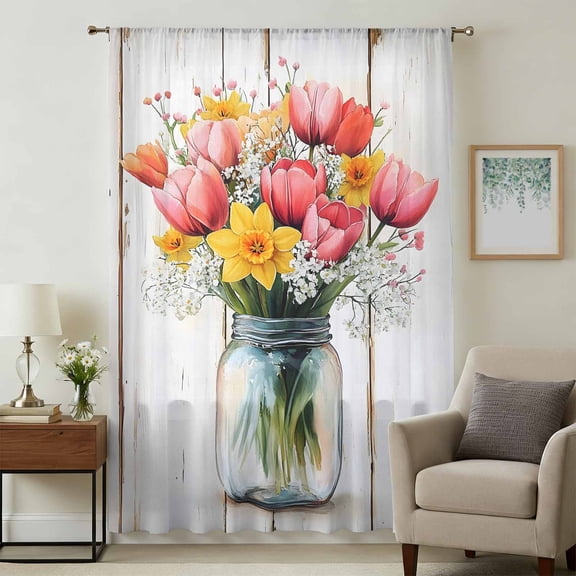 Tulip Sheer Curtains 45 Inches Long, Spring Vintage Botttle Floral Pink Yellow Flower Light Filering Curtains, Breathable Simi Curtain Privacy Drapes for Kitchen Bathroom Small Window Treatment