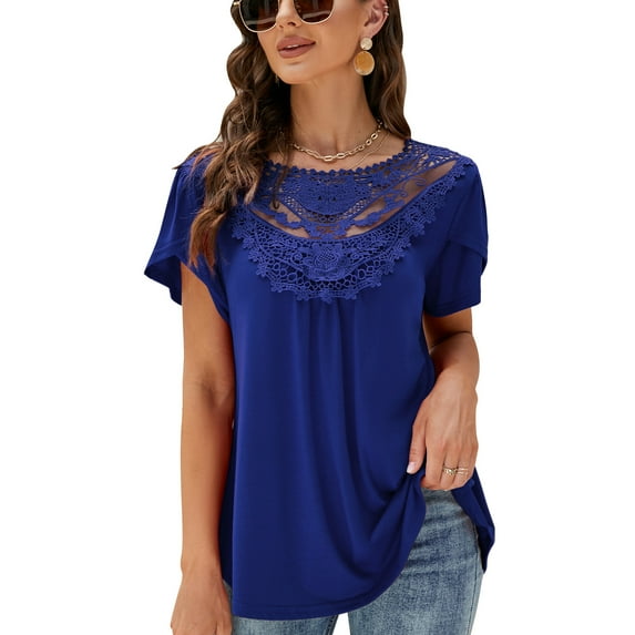 Tulip Sleeve Blouses for Women Lace Patchwork Tunic Tops Short Sleeve Pleated Crew Neck Shirts