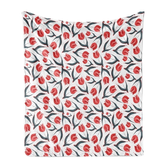 Tulip Soft Flannel Fleece Blanket, Original Vintage Inspired Irregular Dutch Tulips and Leaf Ornate Boho Retro Artprint, Cozy Plush for Indoor and Outdoor Use, 70" x 90", Red Green, by Ambesonne