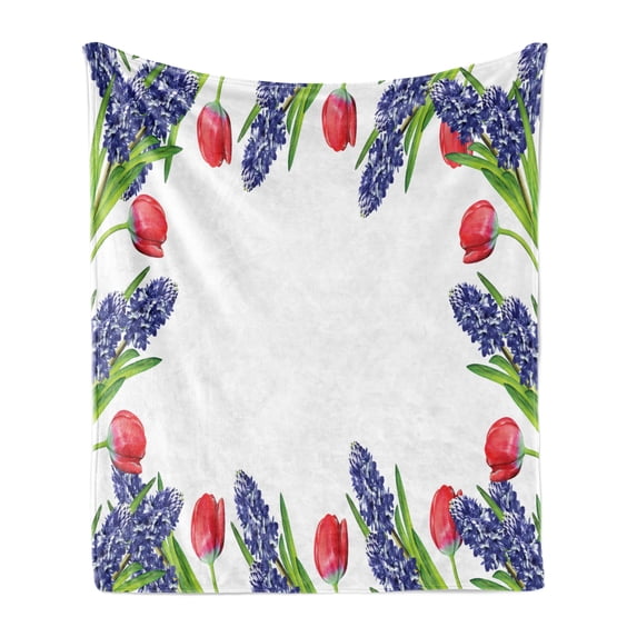 Tulip Soft Flannel Fleece Blanket, Vibrant Flourish Rising up Cup Shaped Tulips Setting Early Summer Plants Print, Cozy Plush for Indoor and Outdoor Use, 50" x 60", Red Purple Green, by Ambesonne