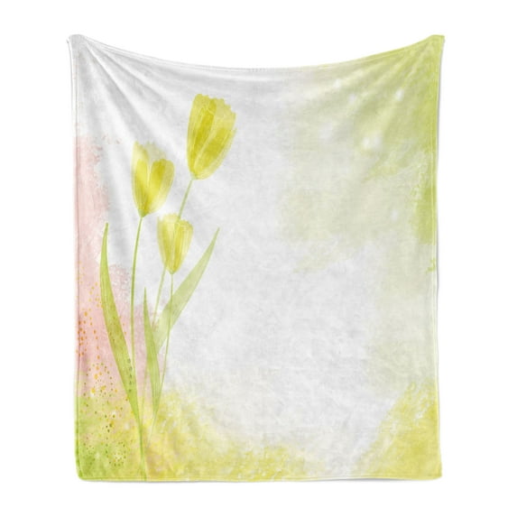 Tulip Soft Flannel Fleece Blanket, Watercolors Background with Soft Pure Pastel Tone Effects Heralds of Spring Design, Cozy Plush for Indoor and Outdoor Use, 70" x 90", Green Beige, by Ambesonne
