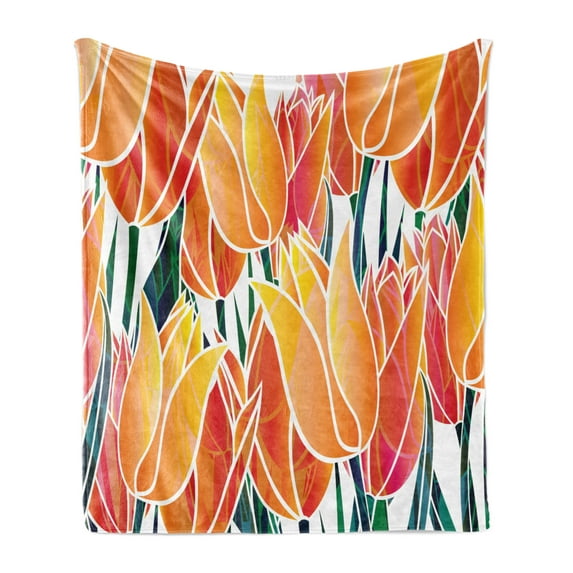 Tulip Soft Flannel Fleece Throw Blanket, Exquisite Flourishing Garden Vivid Colored Endless Petals Eco Illustration, Cozy Plush for Indoor and Outdoor Use, 70" x 90", Orange, by Ambesonne