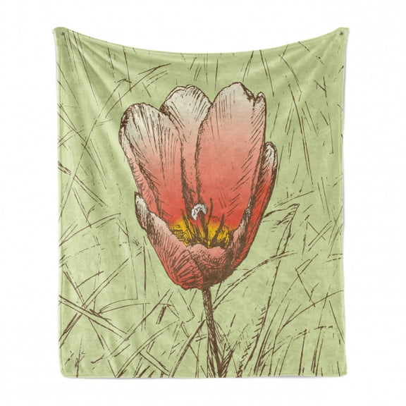 Tulip Soft Flannel Fleece Throw Blanket, Grunge Style Background with Romantic Flower Hand Drawn Nature Sketch, Cozy Plush for Indoor and Outdoor Use, 50" x 60", Pale Green Coral Yellow, by Ambesonne