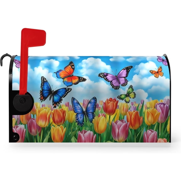 Tulip Spring Summer Mailbox Cover Magnetic Flower Butterflies Mailbox Covers Standard Size 21 x 18 Inch Colorful Floral Letter Post Box Wraps for Garden Yard Decorations
