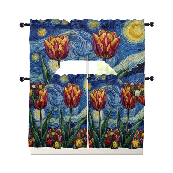 Tulip Starry Sky Kitchen Curtains Set for Windows 3 Piece Cafe Curtains 36 Inch Length Swag Curtains Valances and Tier Set Artwork Painting Abstract Art Drapes for Bedroom Bathroom Living Room