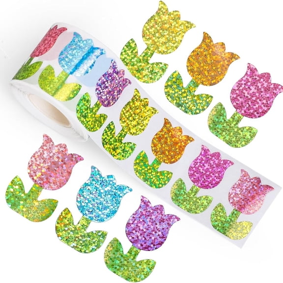 Tulip Stickers Roll Laser Colorful Flower Shape Seal Stickers Floral Waterproof Self-Adhesive Decals for Envelope Journal Decor 500 Pcs