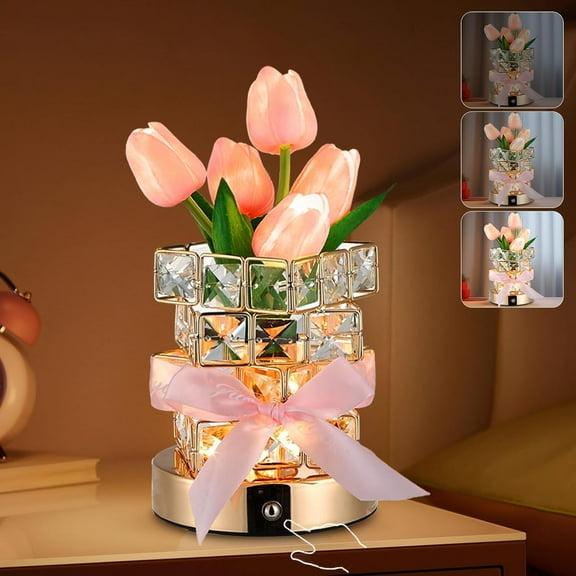Tulip Table Lamp, 3 Colors Dimmable Artificial Flowers Night Light, Rechargeable Cordless Small Desk Lamp, Fake Bouquet 5 Tulip with Crystal Vase for Date Party Home Decoration (Tulip-Pink)