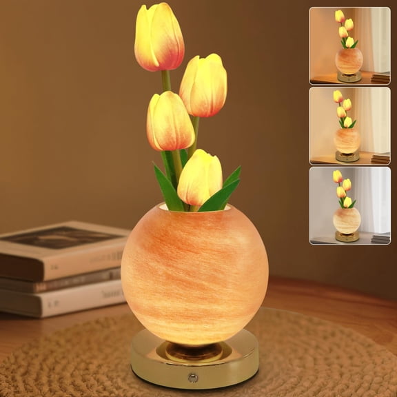 Tulip Table Lamp, Rechargeable Cordless Touch Lamp with 3-Level Dimming, Artificial Flower LED Desk Light, Romantic Night Stand Decor for Bedroom, Gift for Women Mom (Orange)