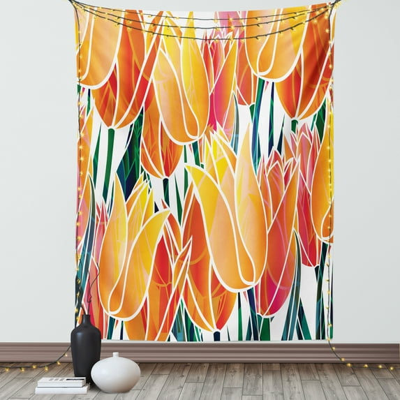 Tulip Tapestry, Exquisite Flourishing Tulip Garden with Vivid Colored Endless Petals Eco Illustration, Wall Hanging for Bedroom Living Room Dorm Decor, 60W X 80L Inches, Orange, by Ambesonne