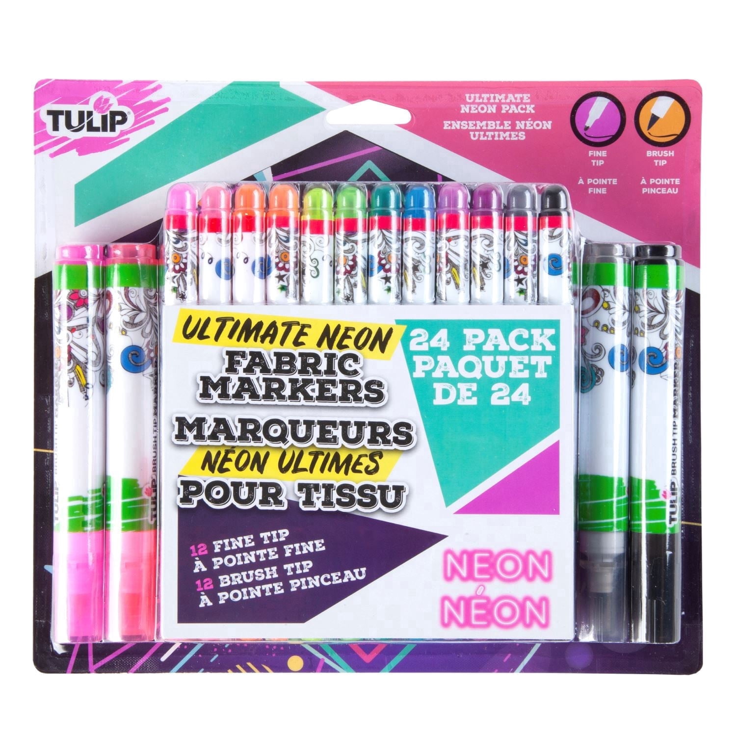 Tulip Fine Tip & Brush Tip Fabric Markers Ultimate Neon 24-Pack - Permanent Fabric Pen Set