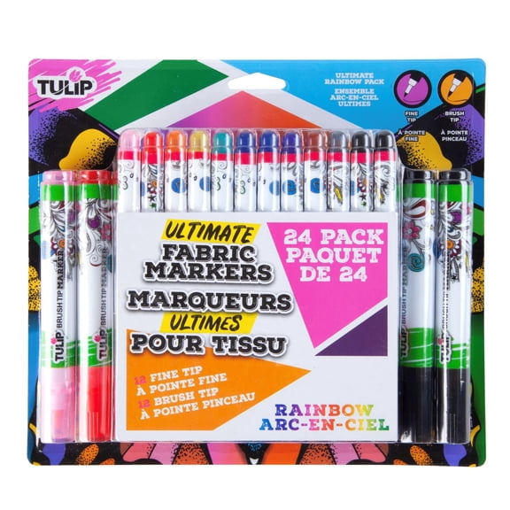 Tulip Fine Tip & Brush Tip Fabric Markers Ultimate Rainbow 24-Pack - Permanent Fabric Pen Set
