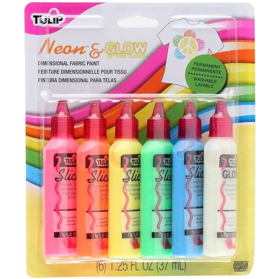 Tulip Dimensional Fabric Paint Neon & Glow Slick 6-Pack - Permanent 3D Glow-in-the-Dark & Neon Fabric Paint
