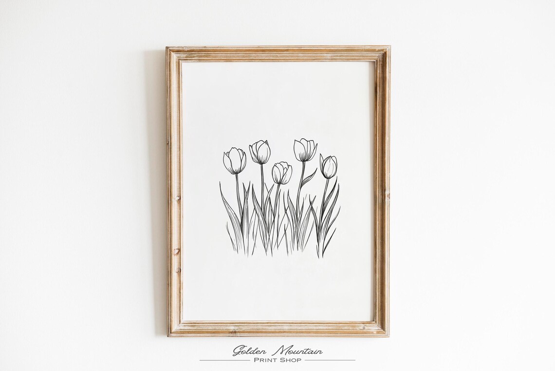 Tulip Wildflower Field Line Art Poster, Minimalist Black And White ...