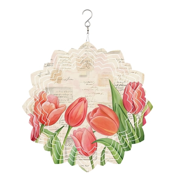 Tulip Wind Spinner for Garden Yard 8In, Rustic Watercolor Pink Tulip Spring Floral Leaves Retro 3D Stainless Steel Kinetic Hanging Wind Spinners Rustproof Outdoor Decor for Lawn Patio Home