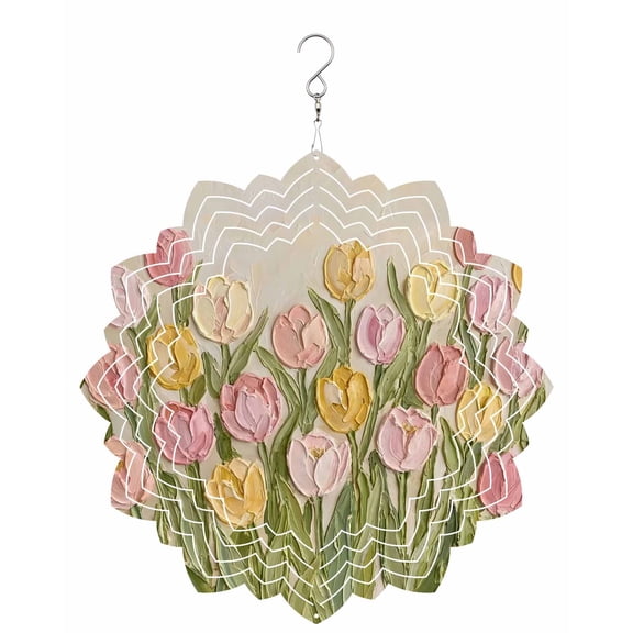 Tulip Wind Spinner for Garden Yard 8In, Spring Rustic Pink Yellow Flower Oil Painting 3D Stainless Steel Kinetic Hanging Wind Spinners Rustproof Outdoor Decor for Lawn Patio Home
