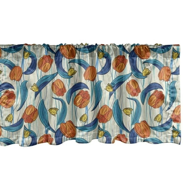 Tulip Window Valance, Designed Flowers and Curly Leaves on Wavy Background, Curtain Valance for Kitchen Bedroom Decor with Rod Pocket, 54" X 12", Grey Yellow Multicolor, by Ambesonne