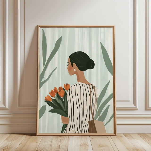 Tulip Woman Green Wall Art • Minimalist Stripe Contemporary Living Room