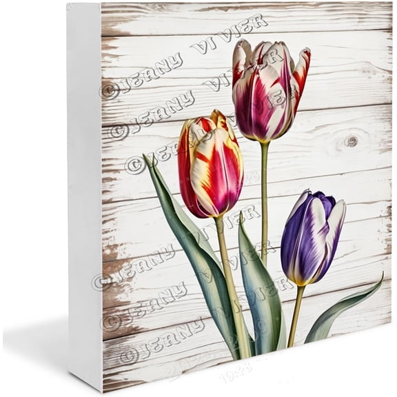 Tulip Wooden Box Sign Tulip Gifts Funny Living Room Decor Tulip Signs for Home Decor Easter Bedroom Decor Wood Block Signs For Shelf Desk Decoration 5x5 In