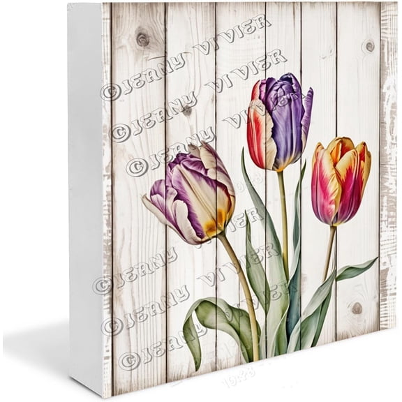 Tulip Wooden Box Sign Tulip Gifts Funny Bedroom Decor Tulip Decor for Room Easter Table Decor Wood Block Signs For Shelf Desk Decoration 7x7 In