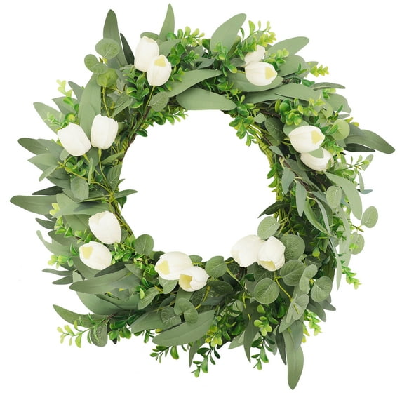 Tulip Wreath 24 inch with Olive Leaves Eucalyptus Leaves All Season Wreath for Door Window Porch Home Decor Spring Fall Winter Wreath