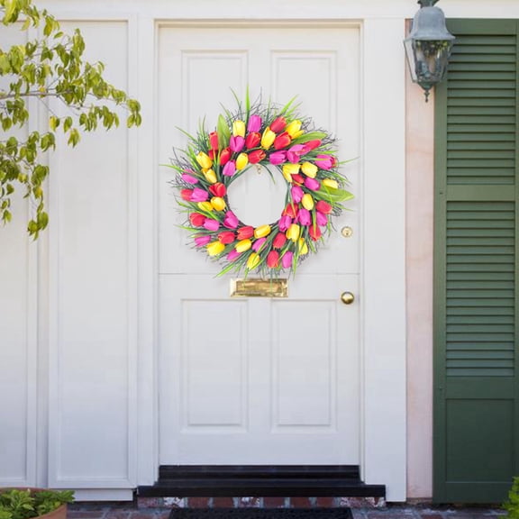 Tulip Wreath, Artificial Wreaths for Front Door with Red Pink Tulips Artificial Flowers, Valentines Day Mother's Day Indoor and Outdoor Decorations for The Home, Party, Bedroom 45cm A