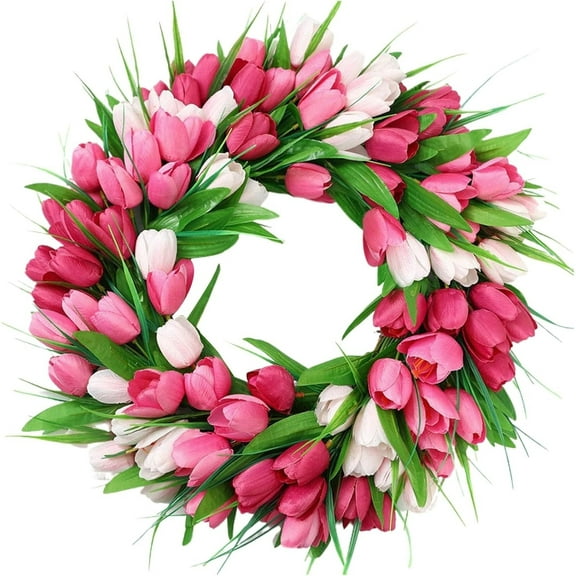 Tulip Wreath for Front Door,Spring Pink Tulip Flower Wreath with Green Leaves Wreaths for All Seasons Window Wall Wedding Home Decorations Indoor Outdoor