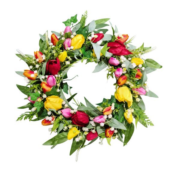 Tulip Wreaths for Front Door Decor, 22" Artificial Tulips Babysbreath Wreath Decorations for Spring Summer Home Door Window Outside Wall Indoor Outdoor Porch and Birthday Mother's Day Party A101