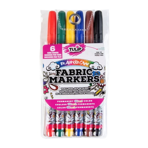 Tulip Permanent Fabric Markers Primary 6-Pack - Fine Tip, Minimal Bleed & Fast Drying - Quality for T-shirts, Clothes, Shoes, Bags & Other Fabric Materials