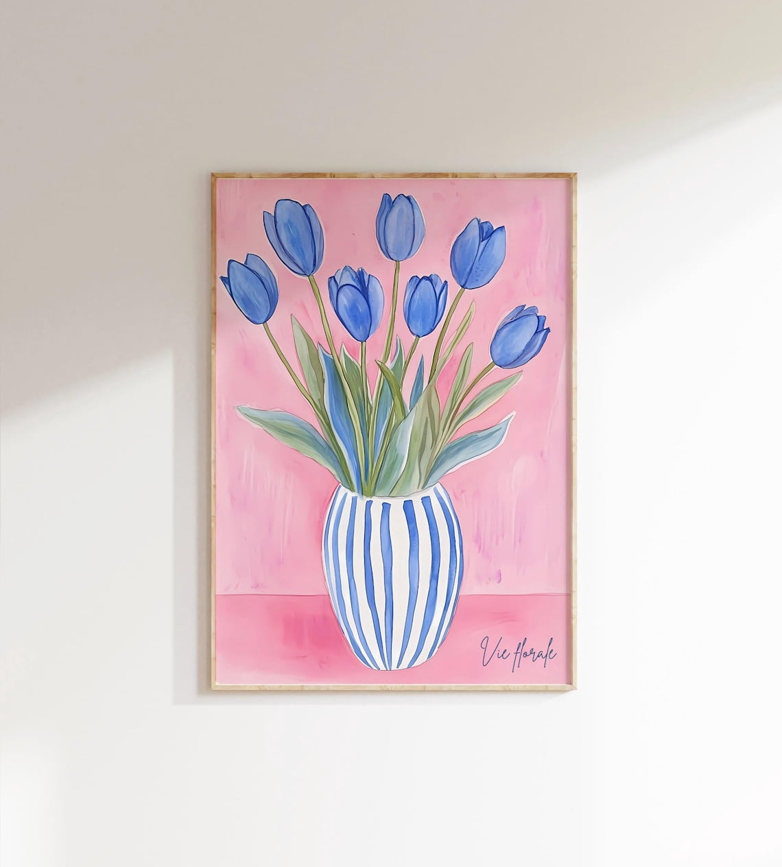Tulip flowers in vase Poster modern blue pink floral botanical art ...