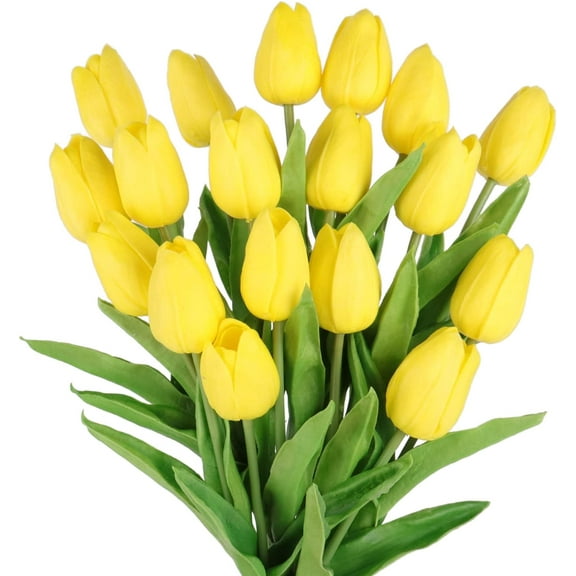 Tulips Artificial Flowers 20 Pcs Yellow Fake Tulip Stems Real Touch PU Tulips for Easter Spring Wedding Bouquet Home Centerpiece Floral Arrangement Table Décor