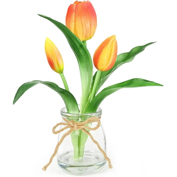 Tulips Artificial Flowers in Vase, Real Touch Tulips with Faux Water Orange Flowers with Vase Floral Table Centerpiece for Home Office Party Desk Decor