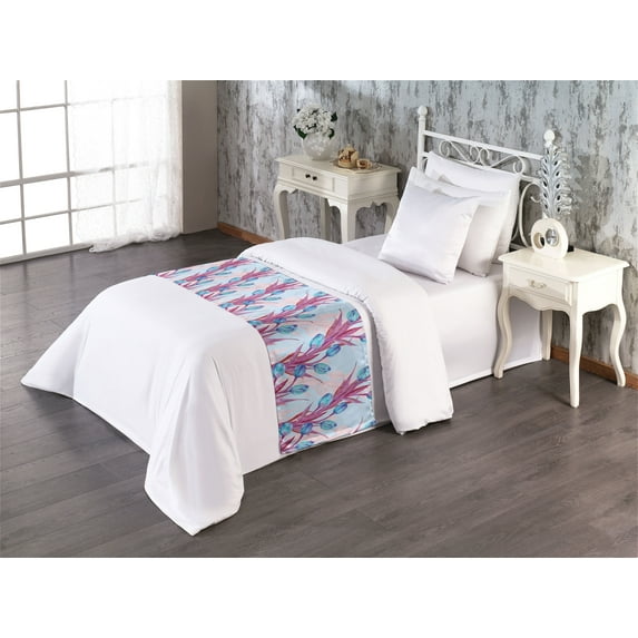 Tulips Artwork Bed Runner, Watercolor Style Blooming Delicate Flowers with Nostalgic Aura Print, Decorative Accent Bedding Scarf for Hotels Homes & Guest Rooms, Twin, Magenta Pale Pink, by Ambesonne