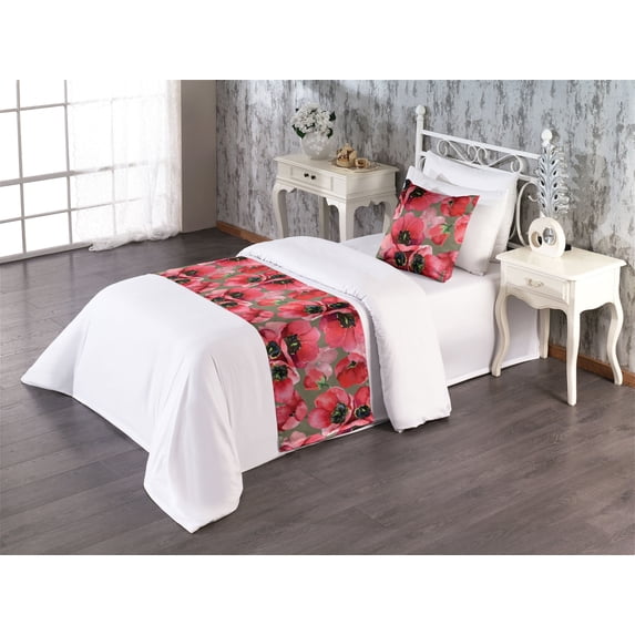 Tulips Bed Runner Set, Watercolor Style Delicate Flowers Boho Pattern on Jungle Colors Backdrop, Decorative Bedding Scarf & a Pillow Sham for Hotels Homes, Twin, Dark Coral Olive Green, by Ambesonne
