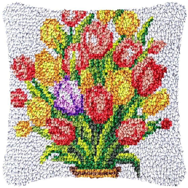 Tulips Bonquet Latch Hook Pillow Cover Kits for DIY Handmade Throw Pillow Cross Stitch Latch Hook Pillowcase Rug Kits with Preprinted Color Pattern Canvas Crochet Yarn Kits 17''X 17''(ch5)